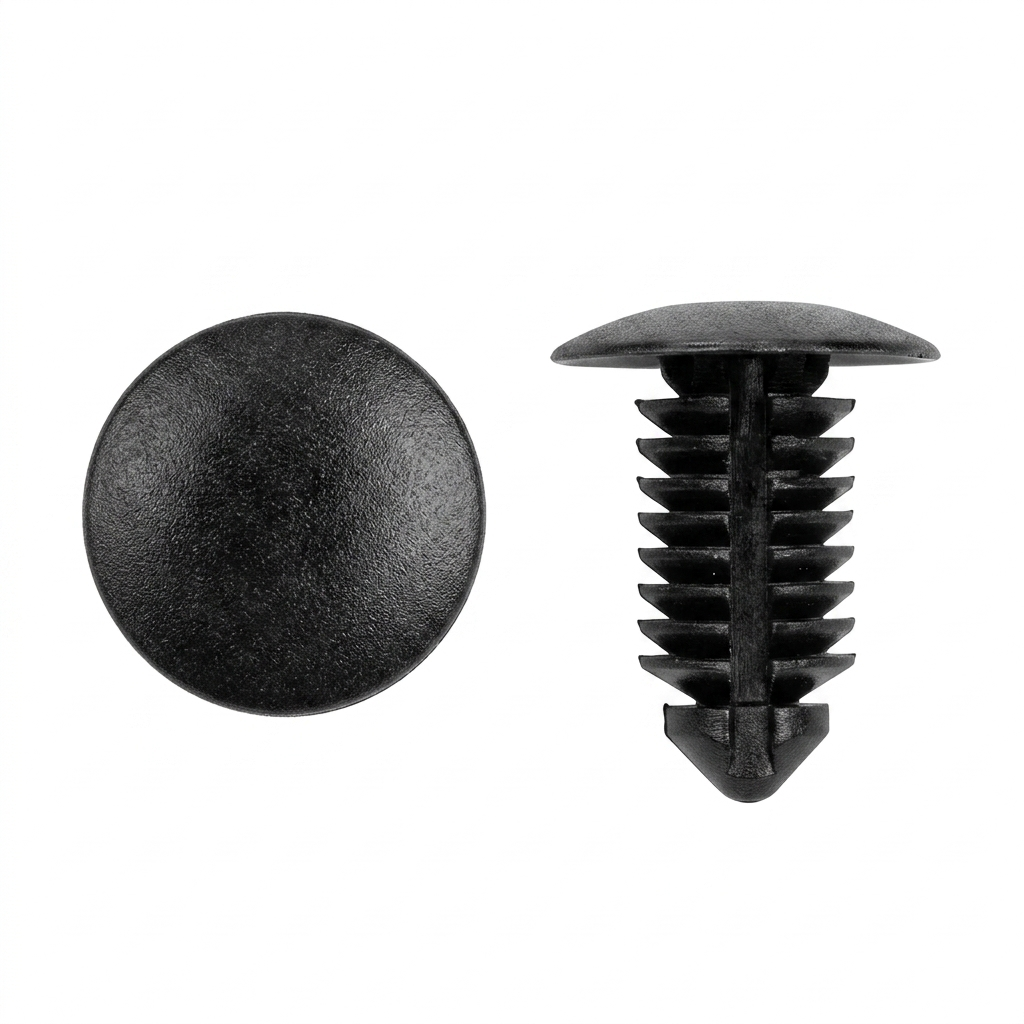 Black Nylon Trim Panel Retainers for Chrysler / Ford - 9mm (23/64") Hole Size - 19.50mm Stem Length - 16mm Head - .060 - .510" Panel Range - Replaces Chrysler # 6504043, Ford # N807721-S