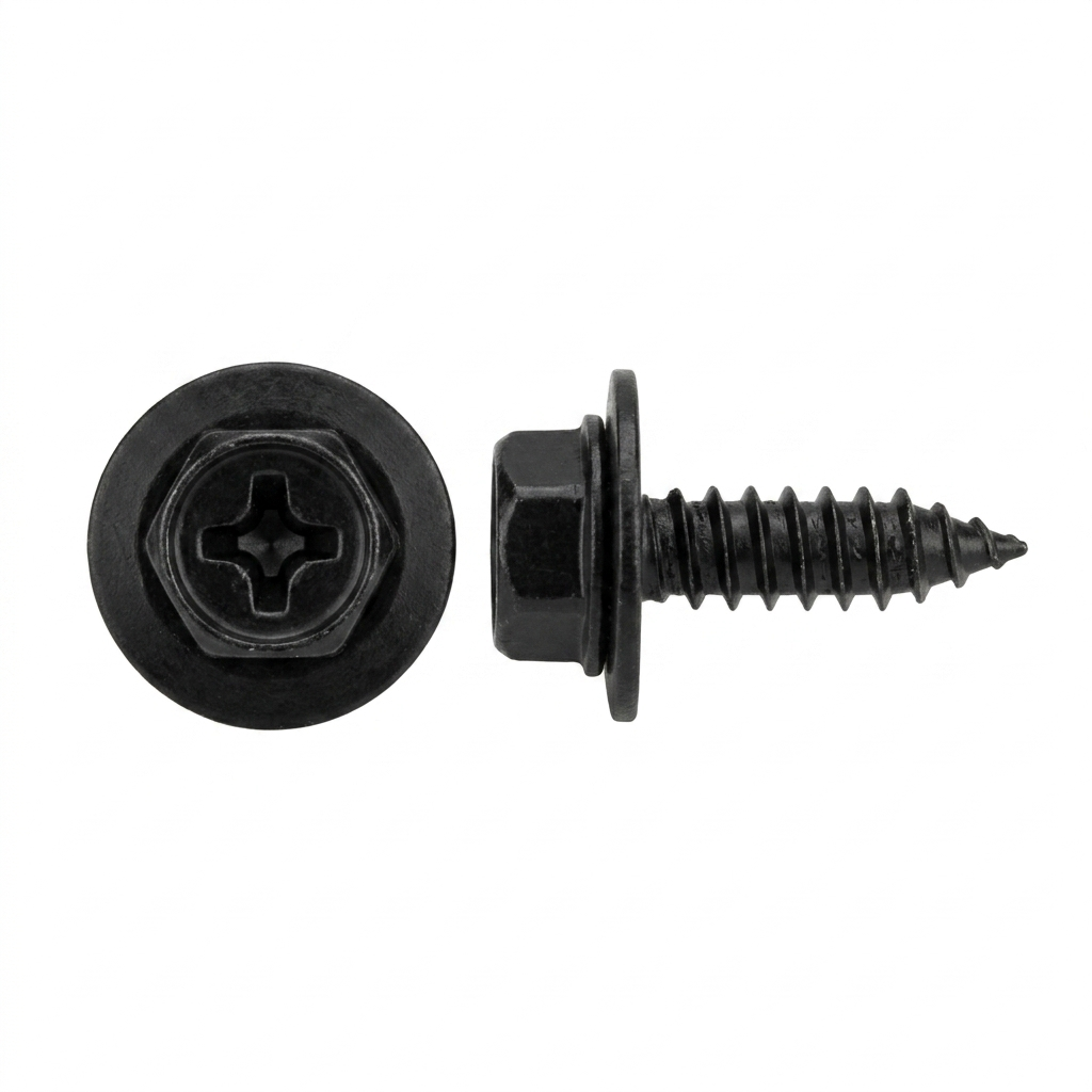 Black Finish Sheet Metal Screws for G.M. - 6.3 - 1.81 x 20mm - 10mm Indented Hex Head - 17mm O.D. Loose Washer - Replaces G.M. # 11505022