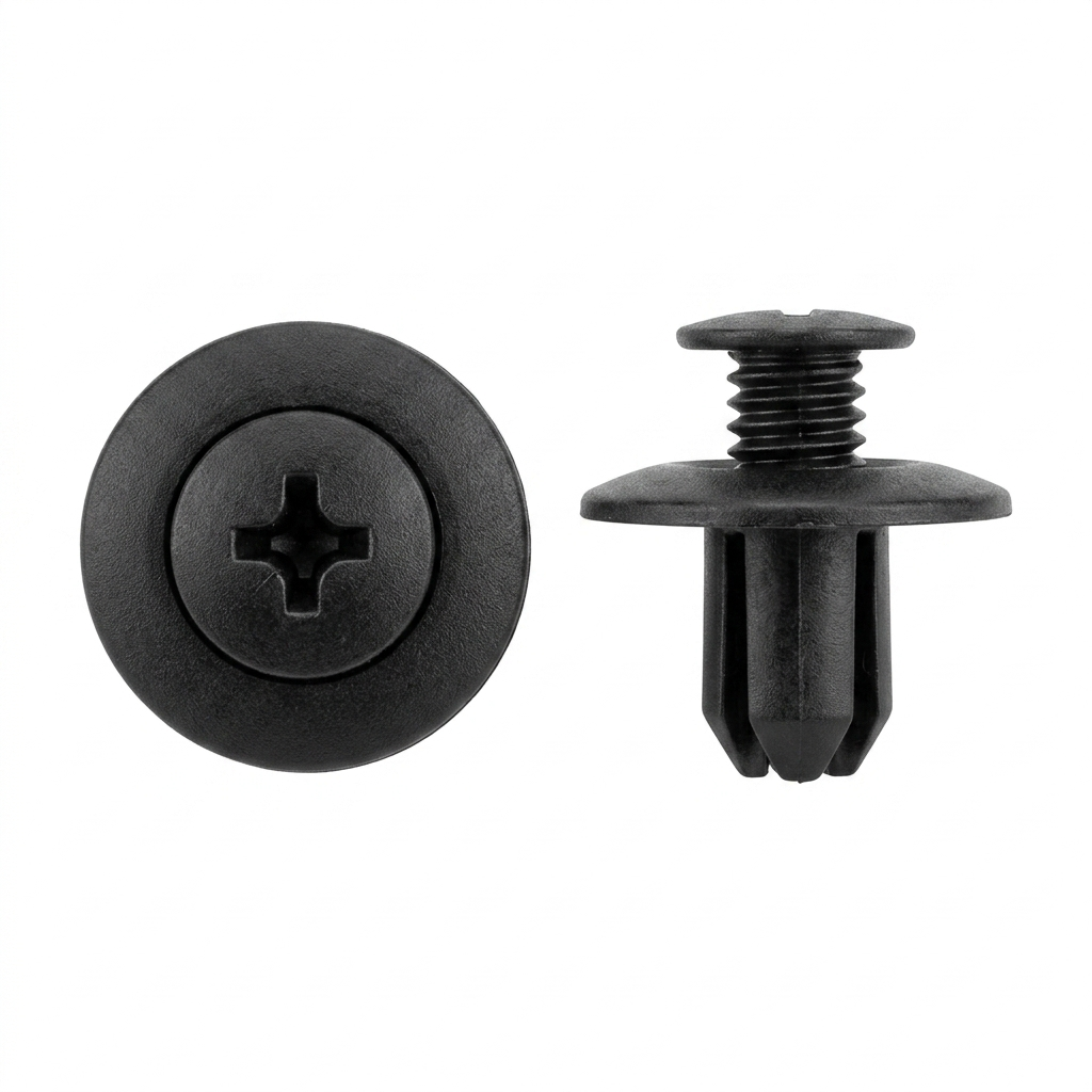 Phillips Screw Retainers in Black Nylon for Ford / Mazda - 8mm (5/16") Hole Size - 12mm Stem Length - 18mm Flange Diameter - Replaces Ford # MB-455-56143, Mazda # B092-51-833